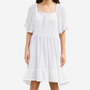 A.U.W. Dress Smocked Sweetheart Neckline Ties Womens Size 1X White Puffy Sleeves
